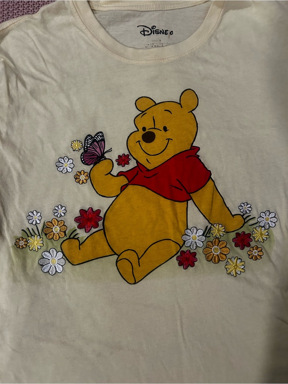 Disney Winnie the Pooh Women’s XL Shirt Embroidered Flowers Butterfly Cream Tee